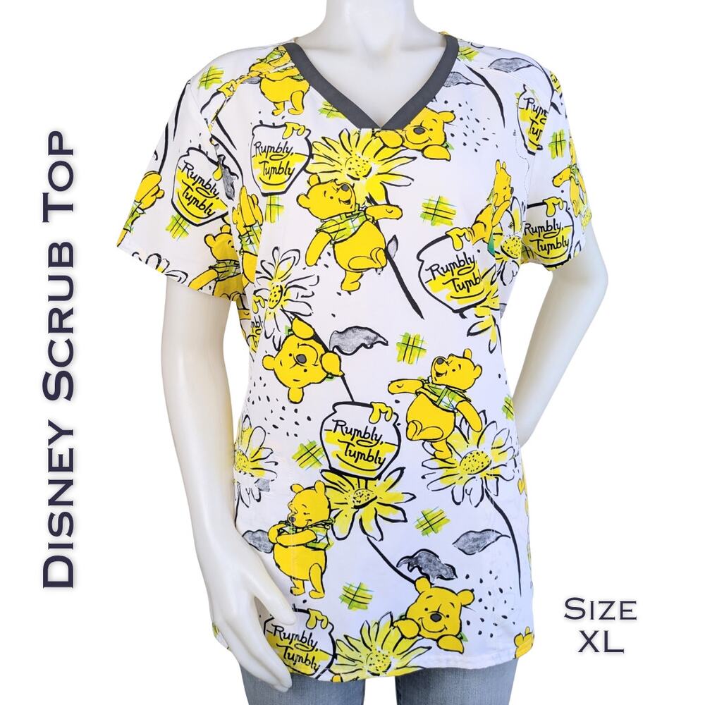 Disney Winnie The Pooh Scrub Top XL White Yellow Floral V Neck Nurse Healthcare